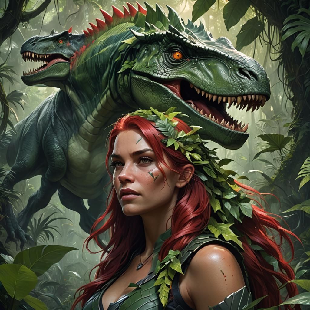 Dinosaur Woman in Lush Jungle: Digital Art