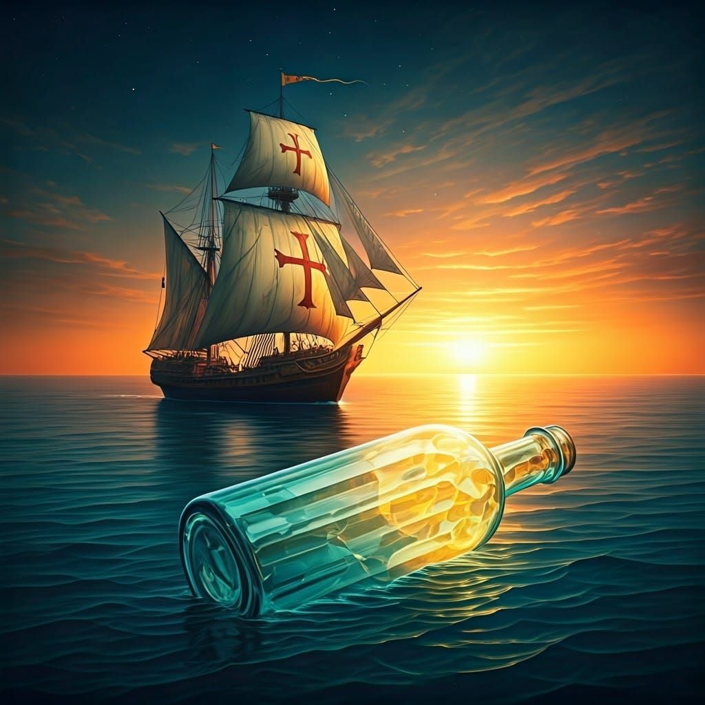 Majestic Caravel on Turquoise Waters with Crystal Bottle