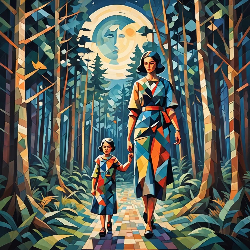 Mother and Child: Cubist Painting Under Moonlight