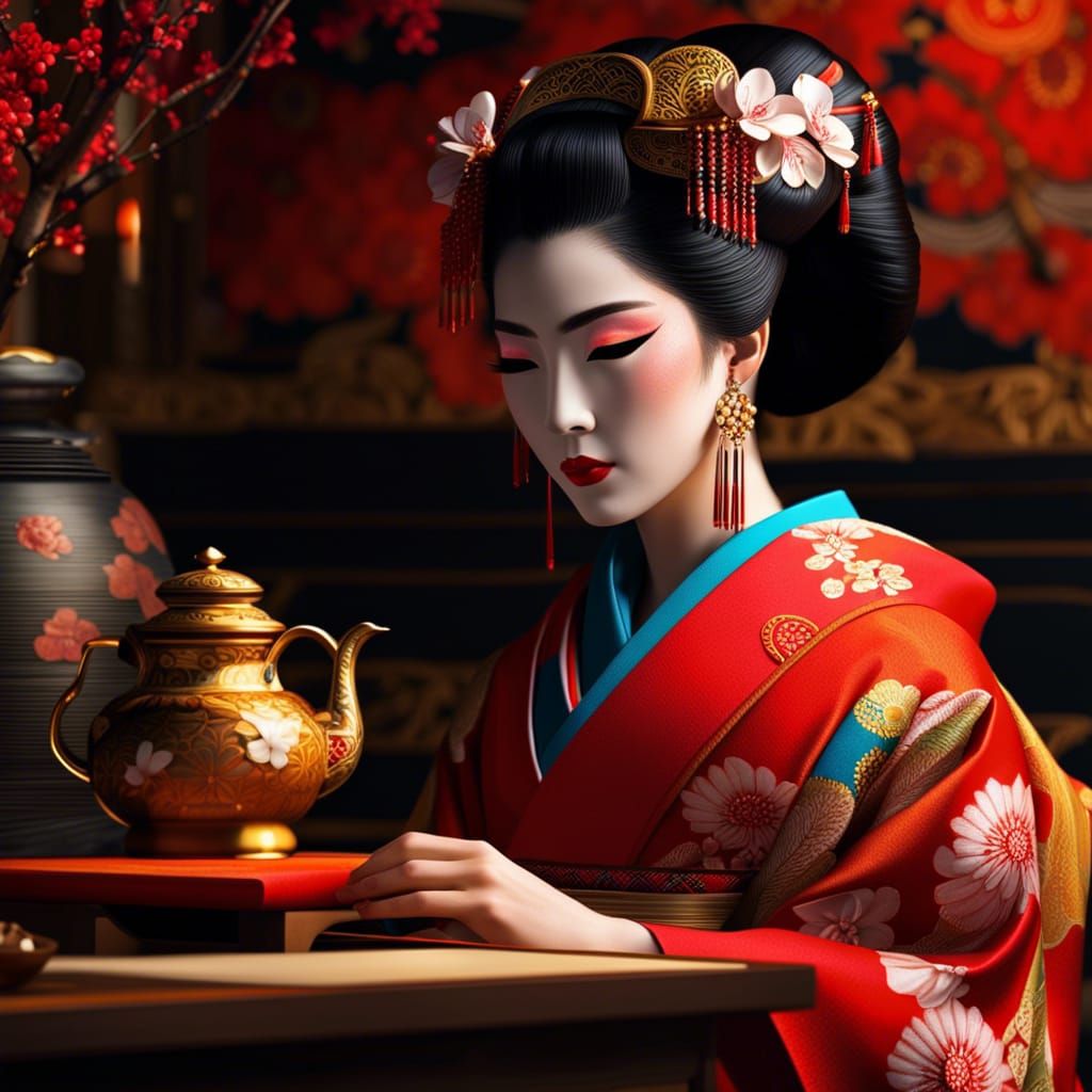 Elegant Geisha at Traditional Japanese Tea Ceremony