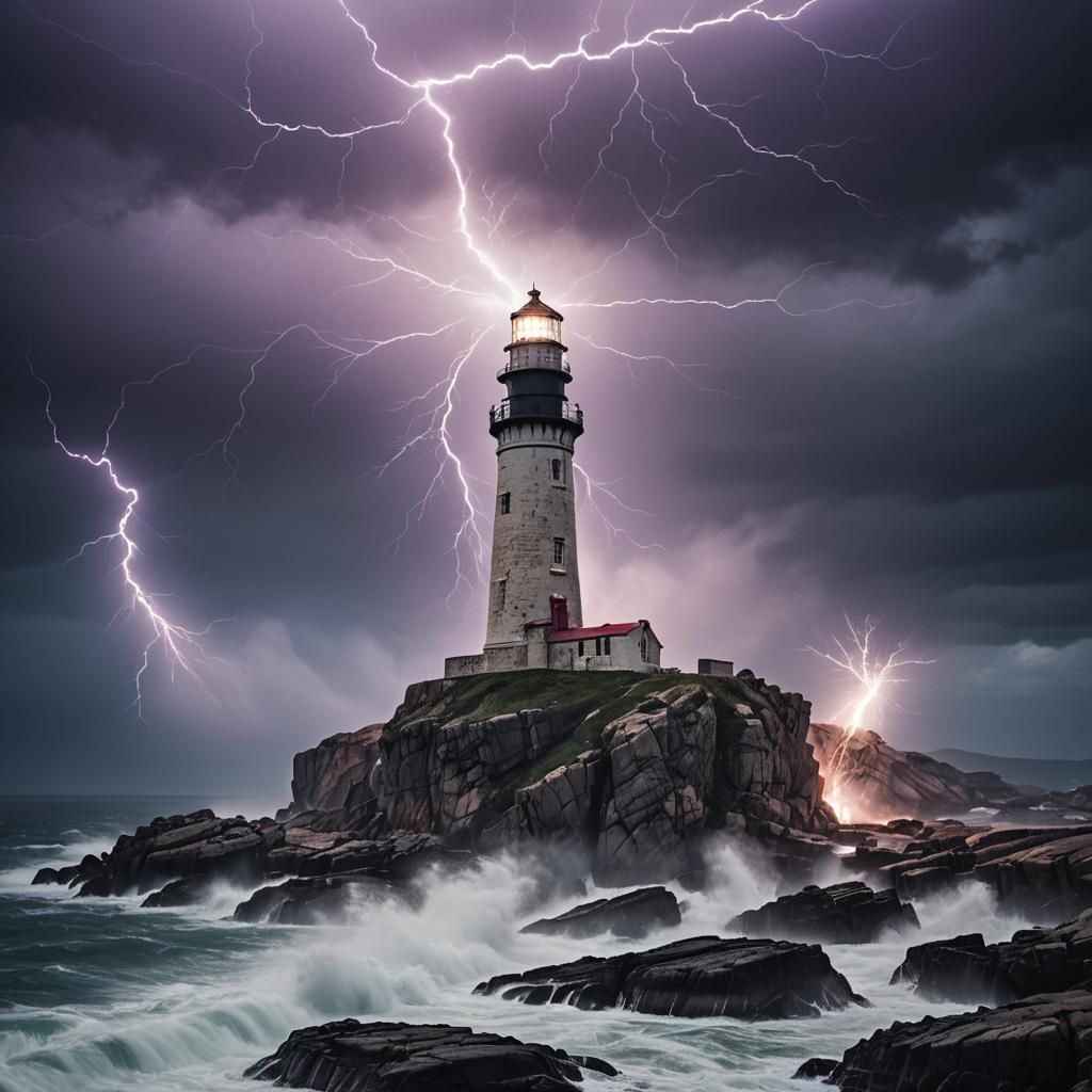Lighthouse Struck by Lightning: Dramatic Landscape Photograp...