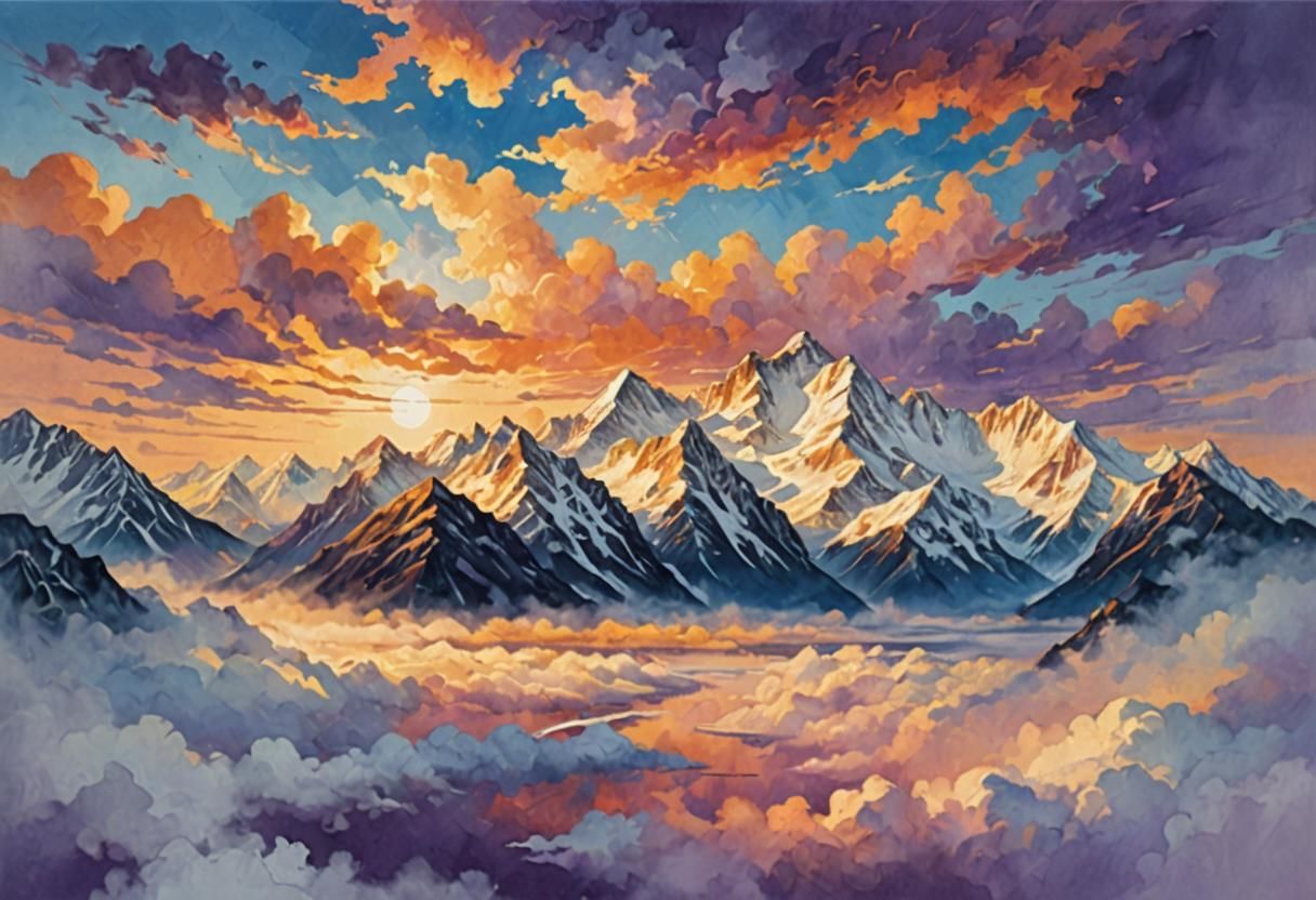 Snowy Peaks in Vibrant Oil Painting Style
