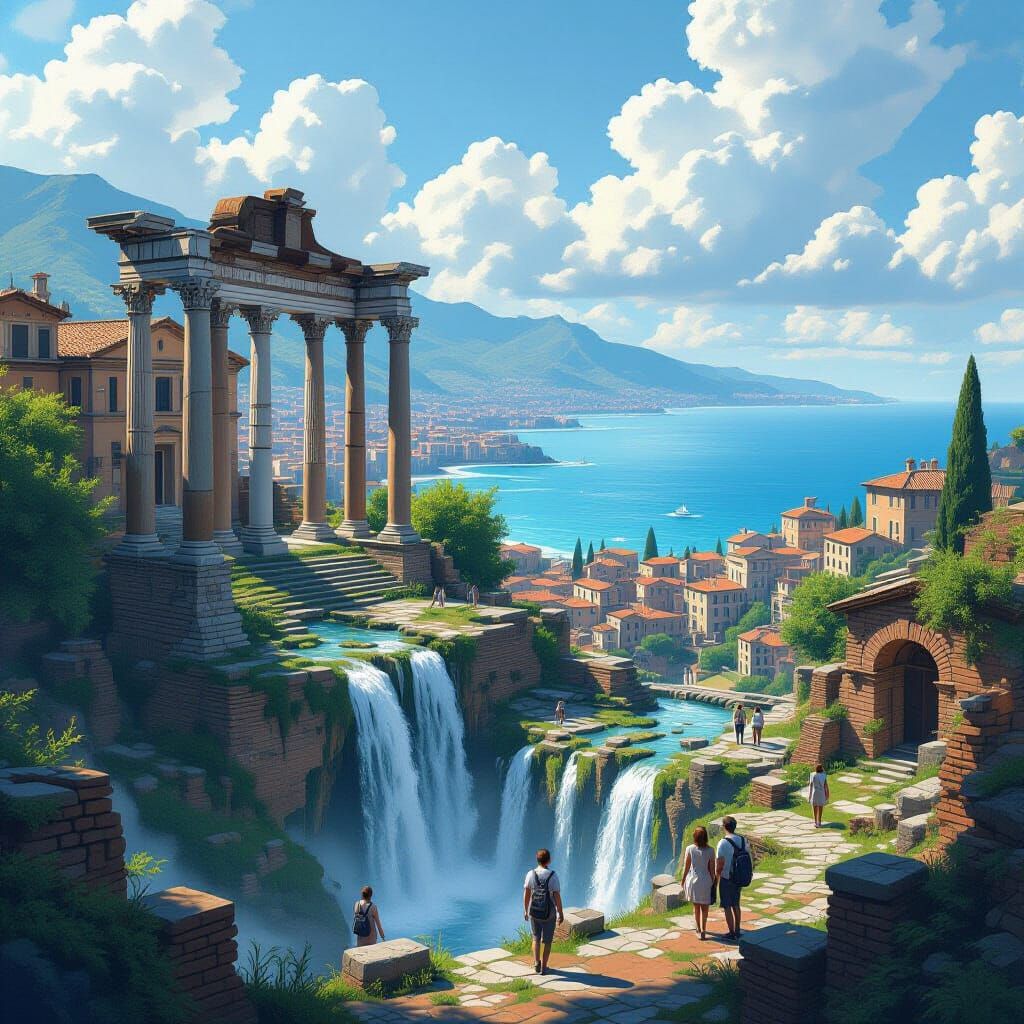 Italian Ruins With Waterfall in Hyper-Realism Style