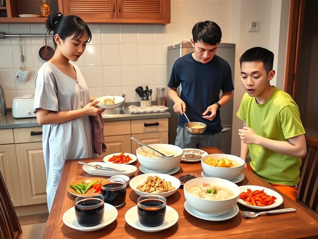 Siblings Share Traditional Chinese Breakfast in Soft, Warm L...