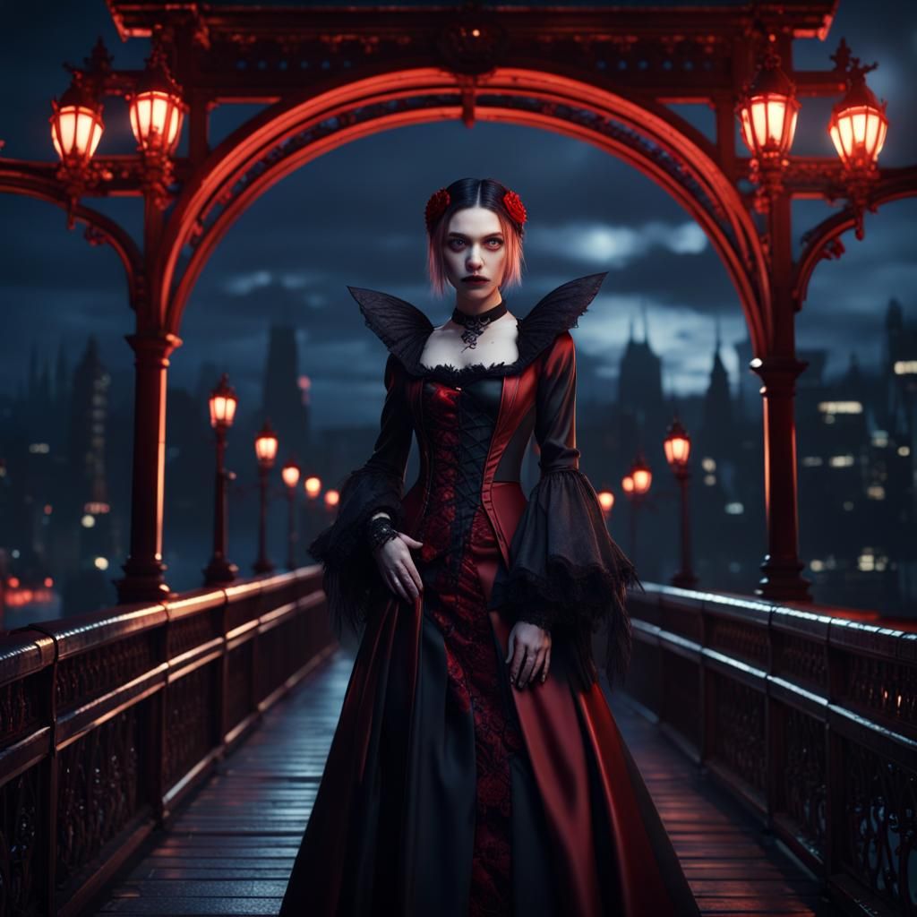 Harajuku Vampire on Lamplit Bridge: Fantasy Art