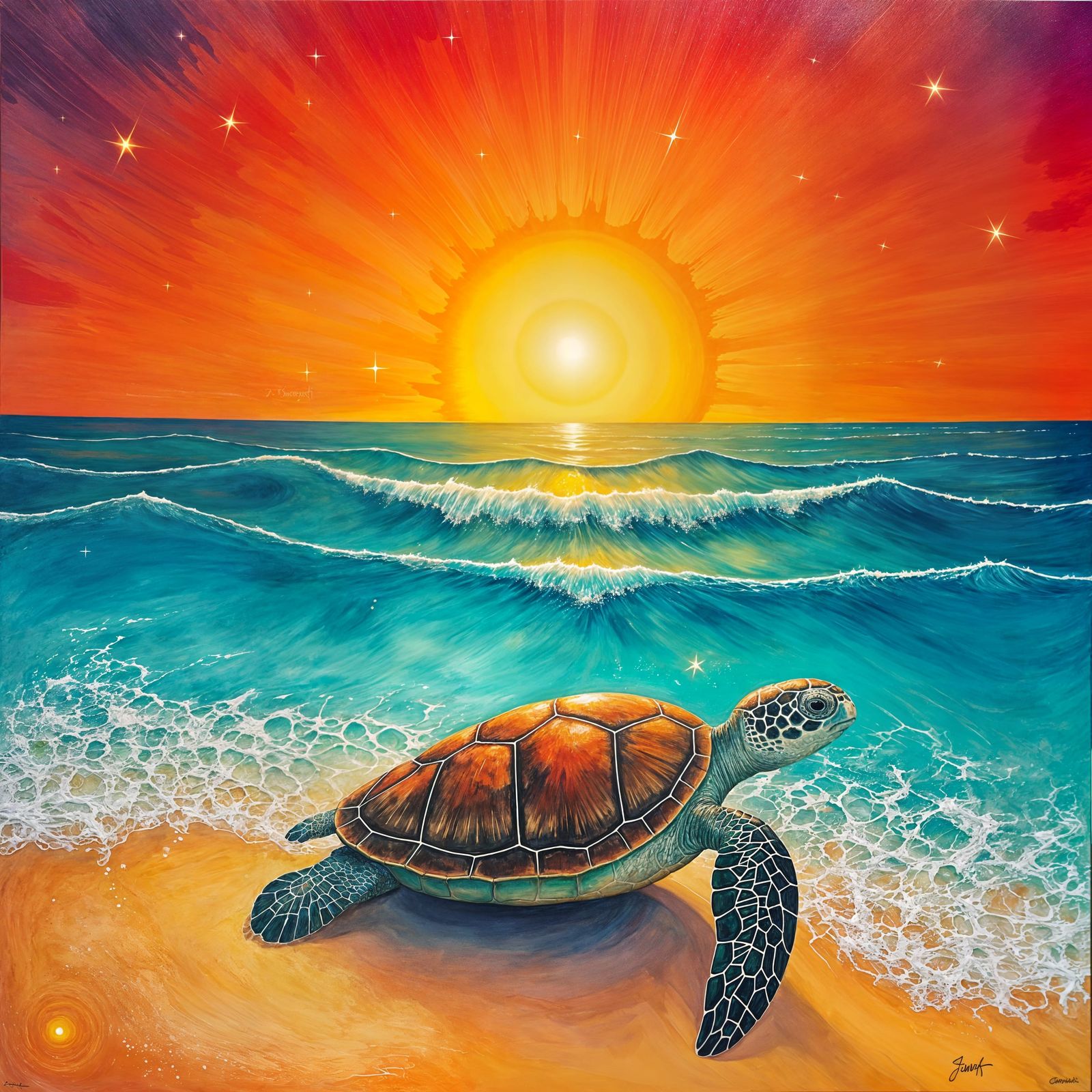 Abstract Beach Sunset with Sea Turtle
