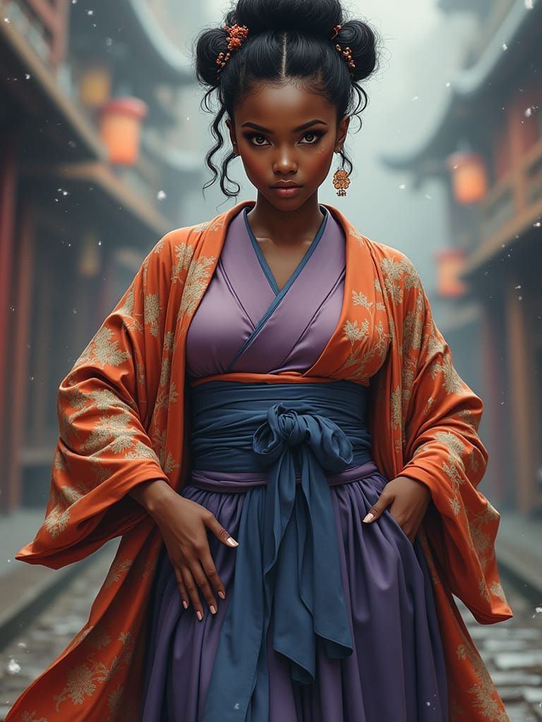 Powerful Nubian Woman in Japanese Kimono with Electric Aura