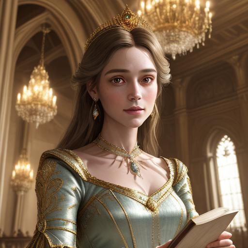 Enchanting Princess in Castle Hall, Realistic 8K Rendering