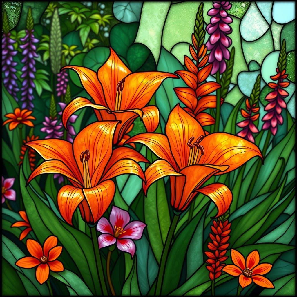 Vibrant Orange Lilies and Kniphofia in Stained Glass Style