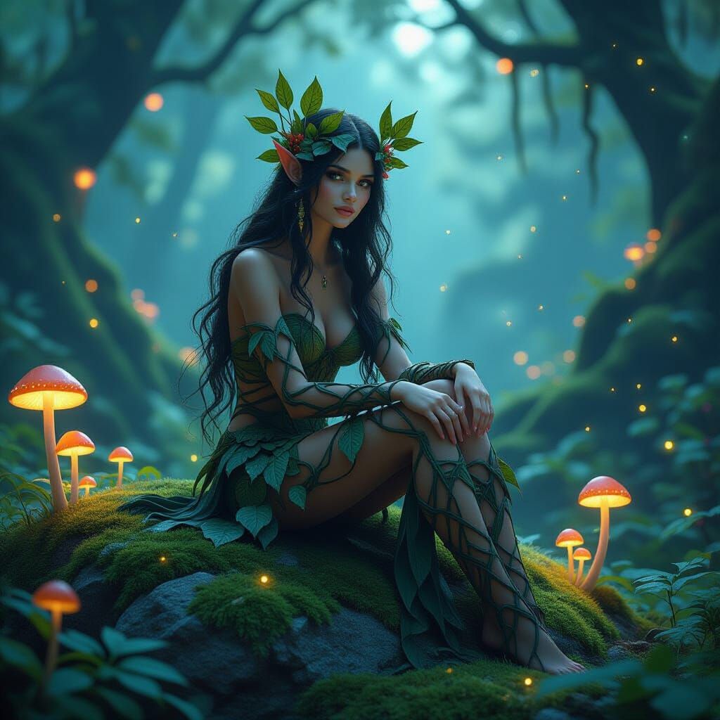 Bioluminescent Forest Dryad in Art Nouveau Style