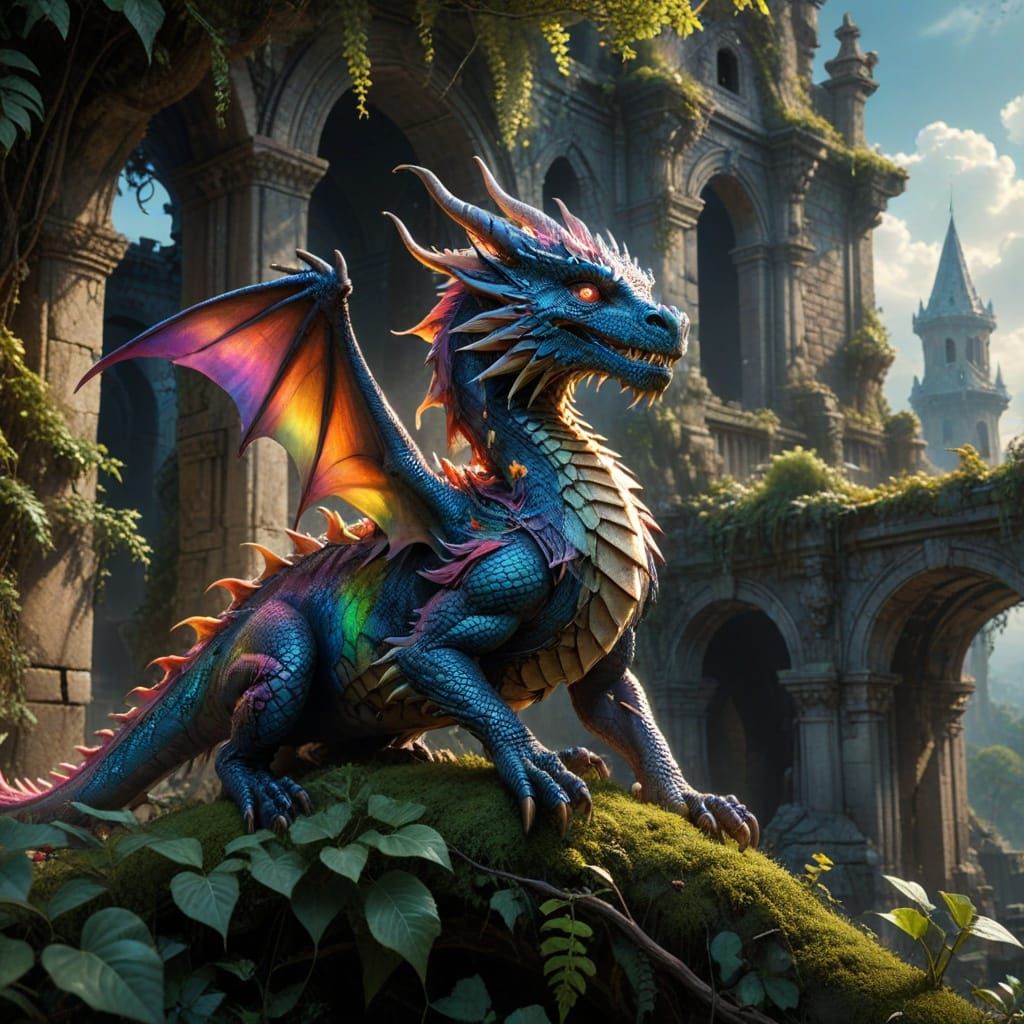 Cute Rainbow Dragon in Overgrown Ruins