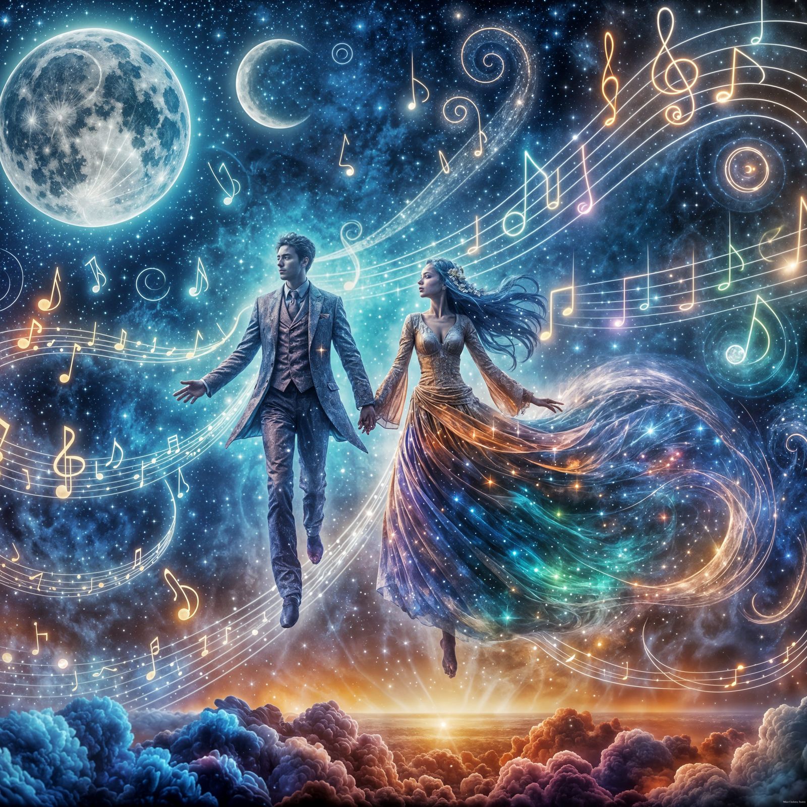 Couple Ascends to Moon in Musical Harmony