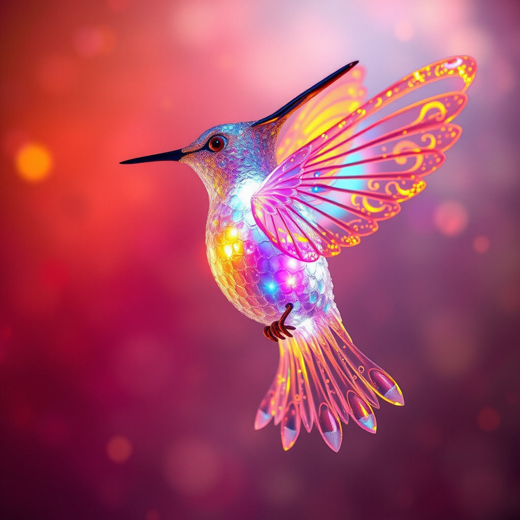 Bioluminescent Hummingbird in Ethereal Flame, Hyperrealistic...