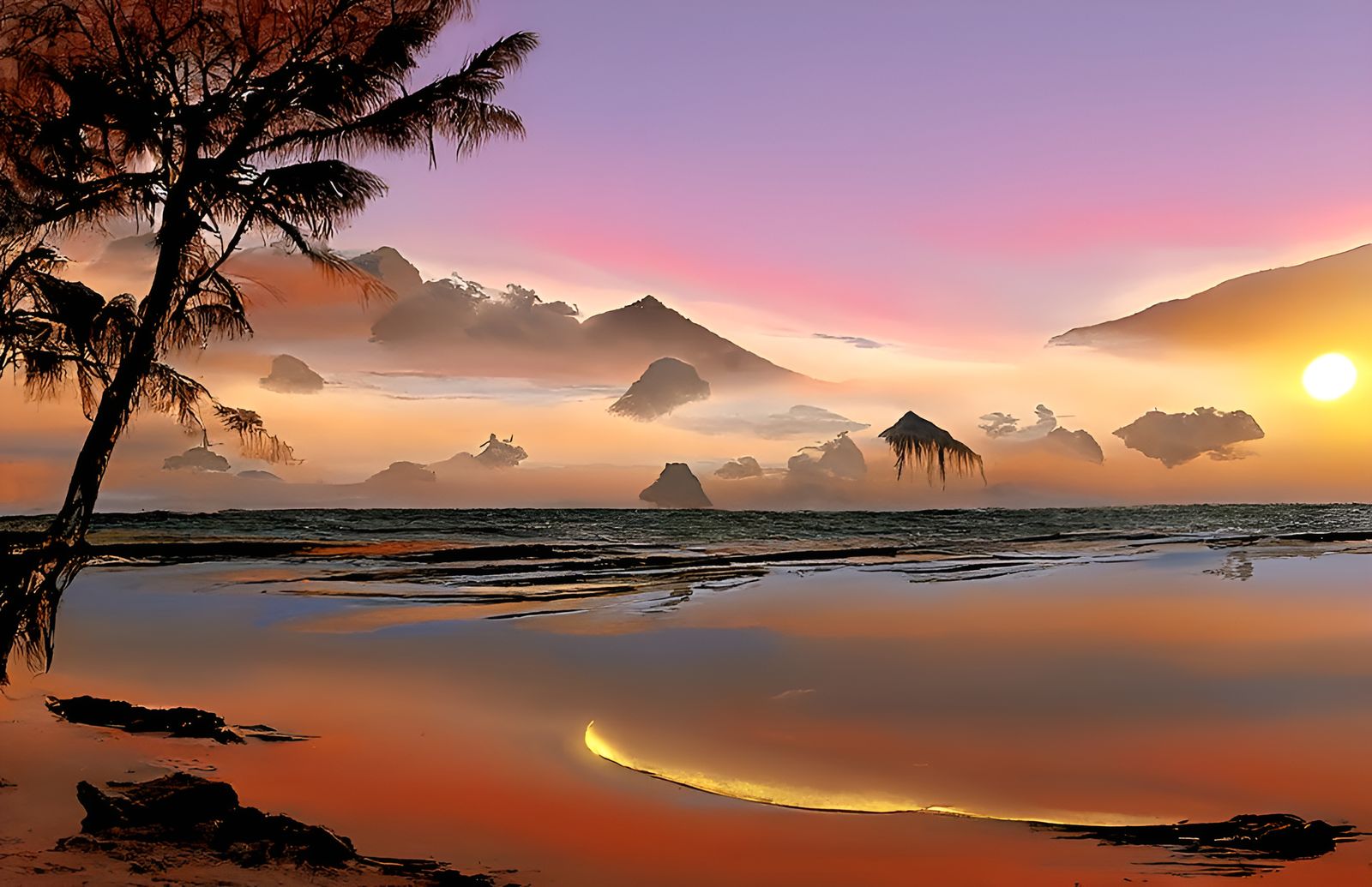 Mystical Sci-Fi Hawaiian Sunset in Ukiyo-e Style