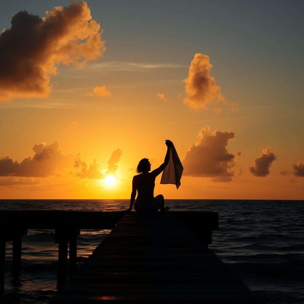 Silhouette of Woman Tossing Towel at Sunset