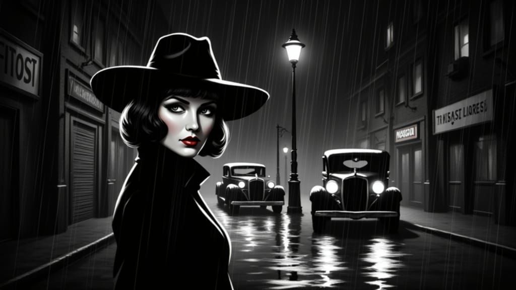 Film Noir Femme Fatale in Rainy Alley