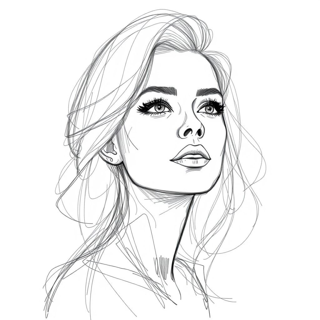 Multi layered line scribbled sketch of lady