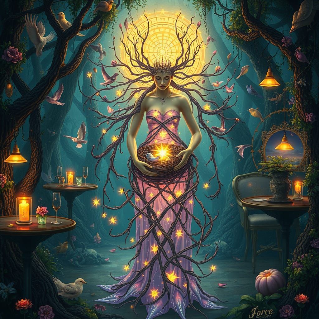 Bioluminescent Goddess in Dreamlike Forest Concept Art