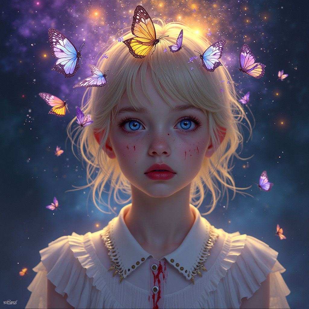 Cosmic Girl with Butterflies in Dark Fantasy Style