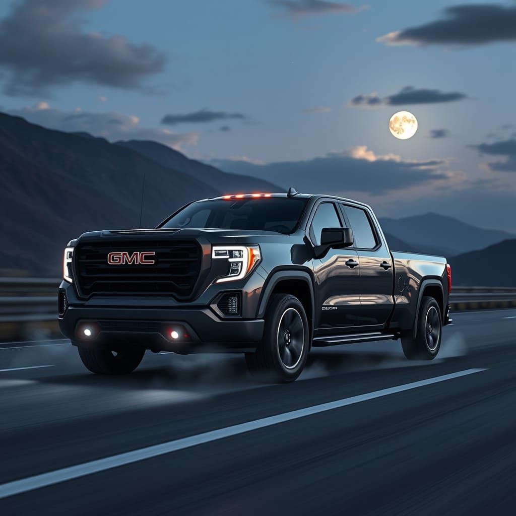 2025 GMC Sierra on Highway, Hyperrealistic Rendering