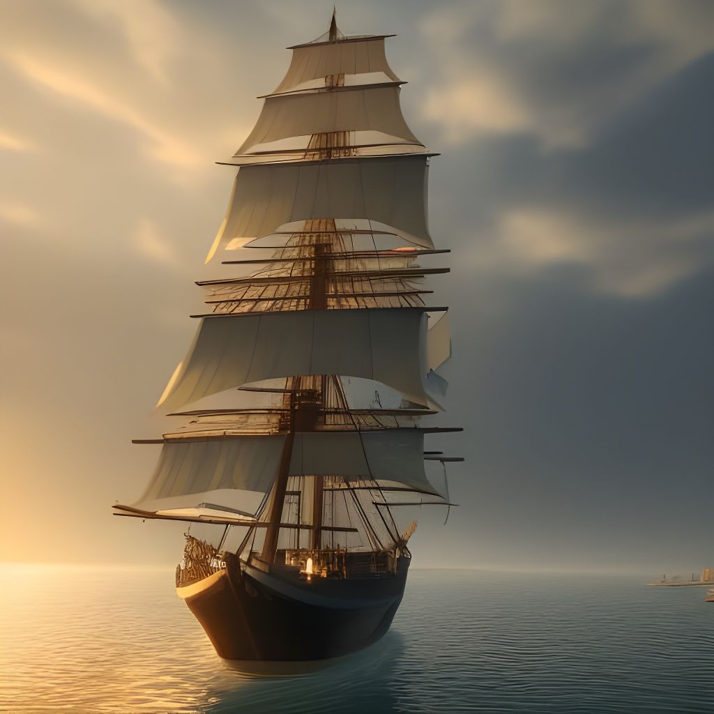 Hyperrealistic Sailing Ship at Sunrise: Ghibli-Turner Style