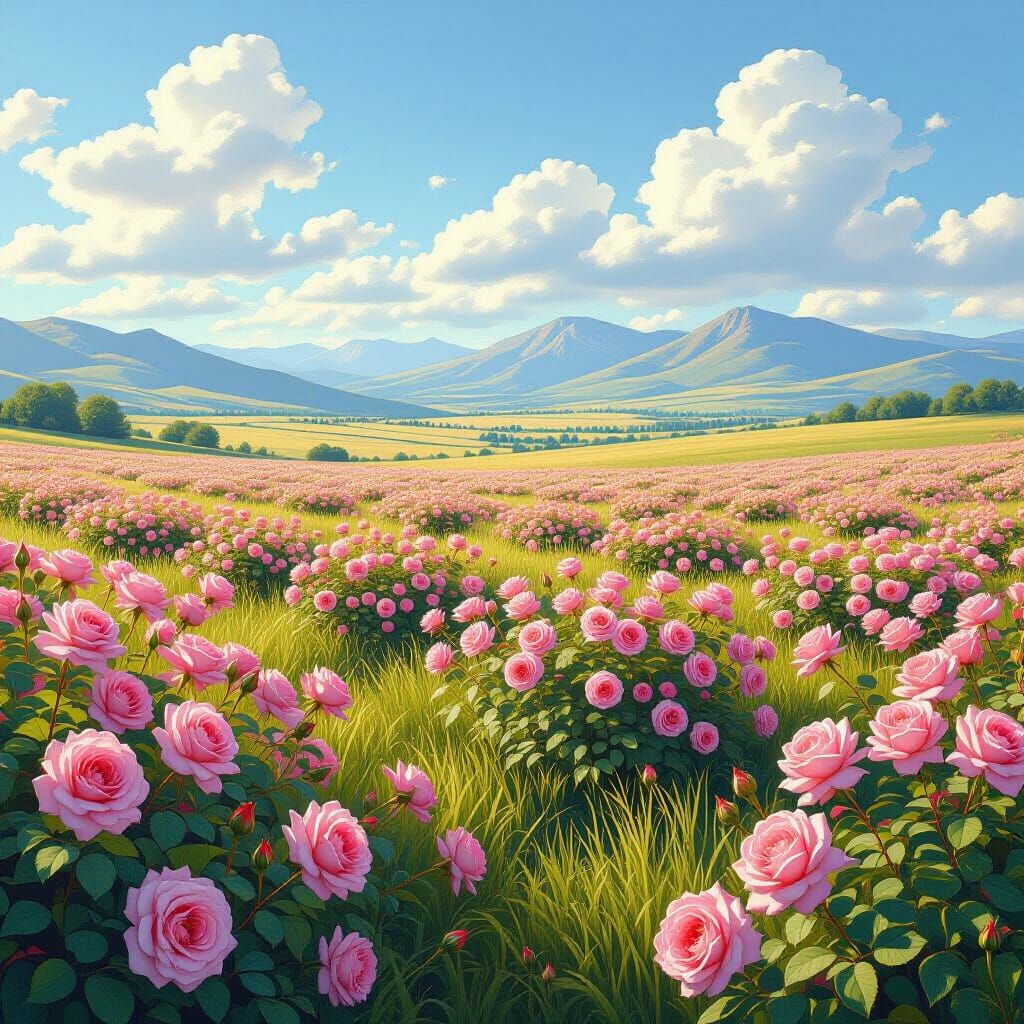 Pink Roses in a Vast Landscape: Photorealistic Image
