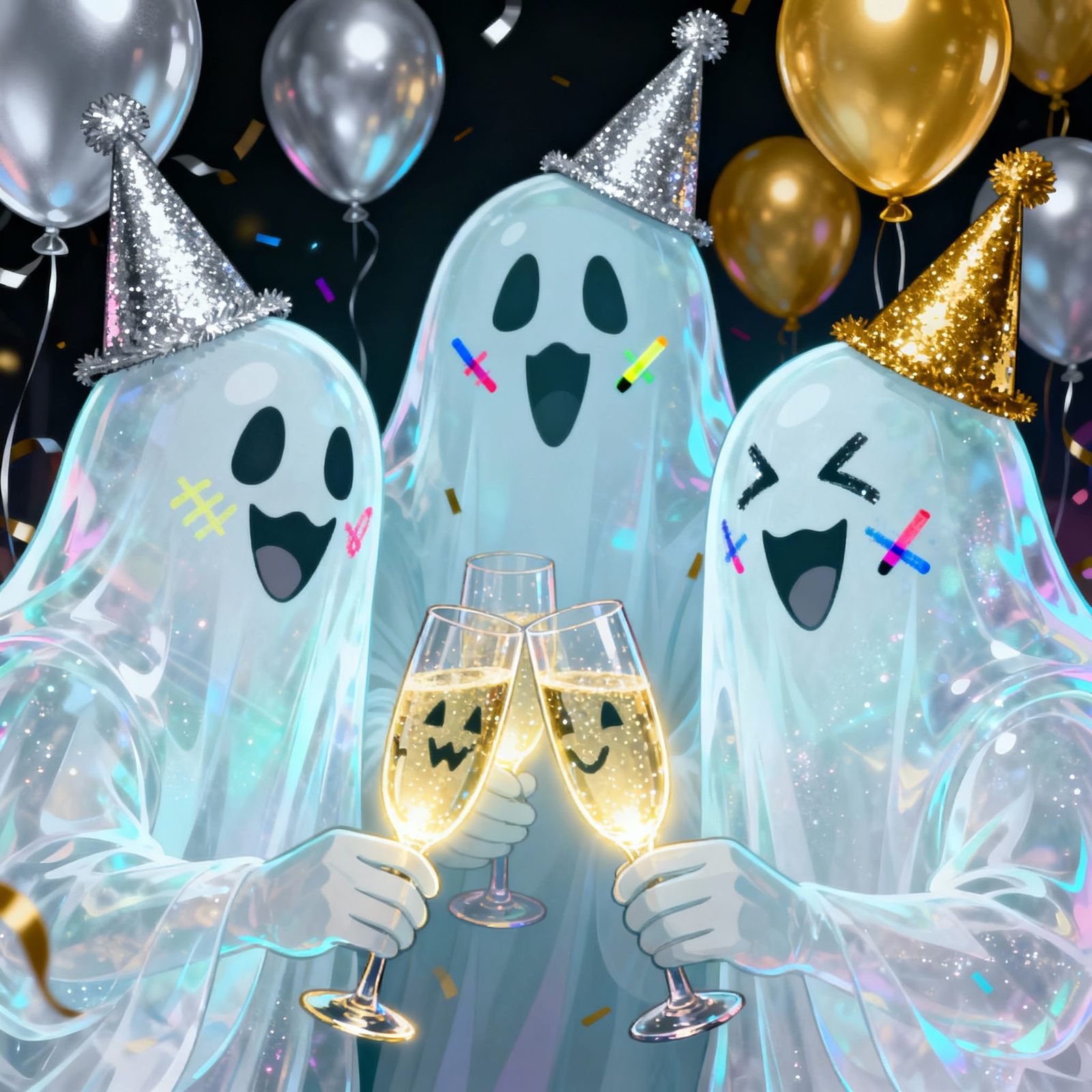 Three Friendly Ghosts Celebrate New Year's Eve