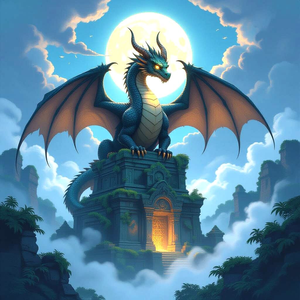 Ancient Obsidian Dragon Over Jungle Temple Ruins