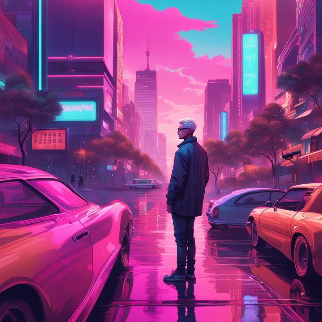 Synthwave Portrait of a Man in City Square