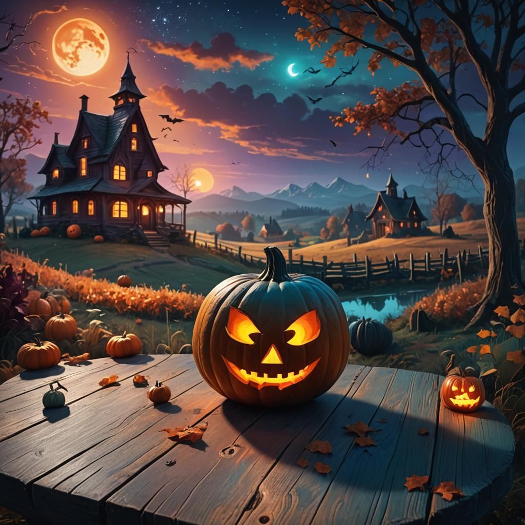 Glowing Jack-o-Lantern Witch Silhouette, Matte Painting