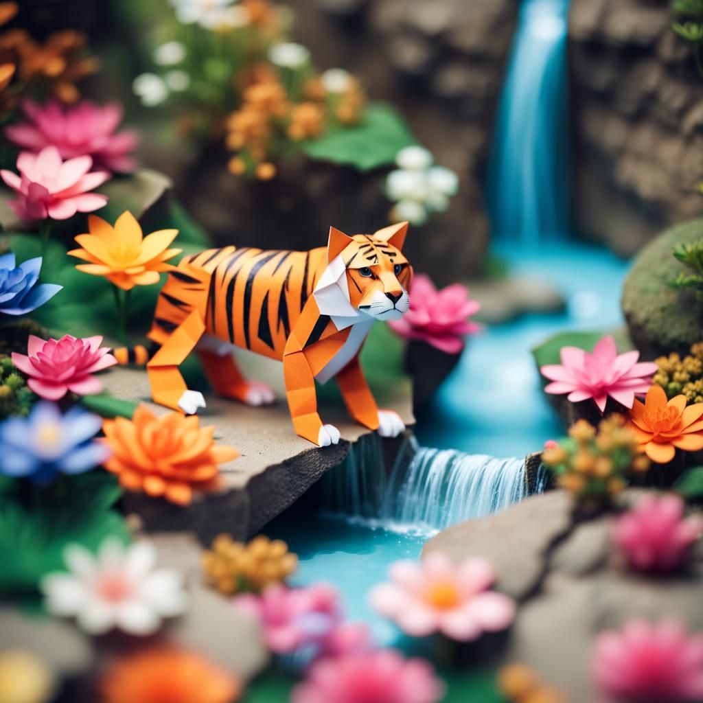Floral Tiger by Waterfall in Origami Style