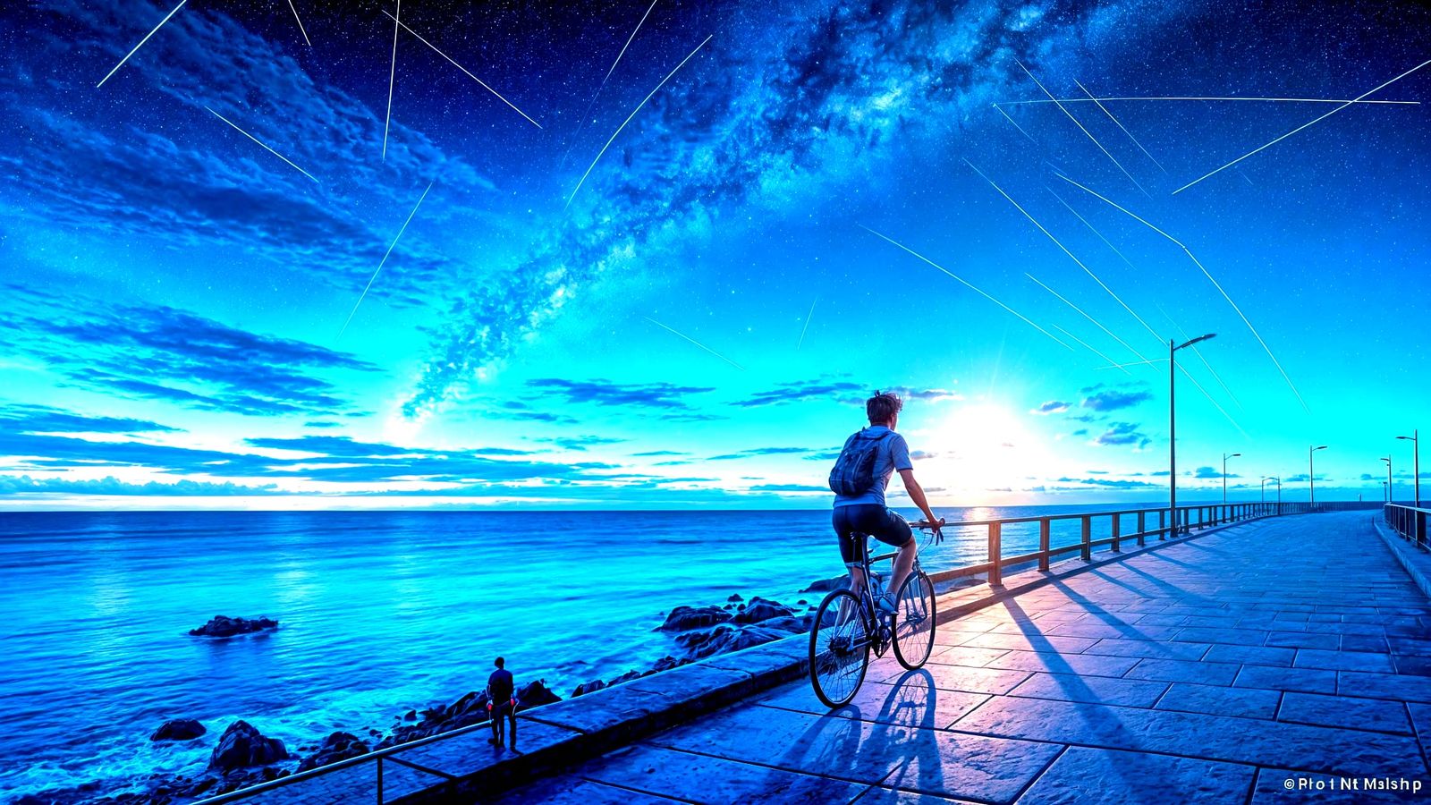 Coastal Night Ride Under Starry Sky: Anime Style