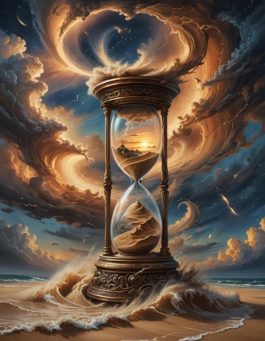 Tornado Hourglass with Swirling Clouds and Sunset