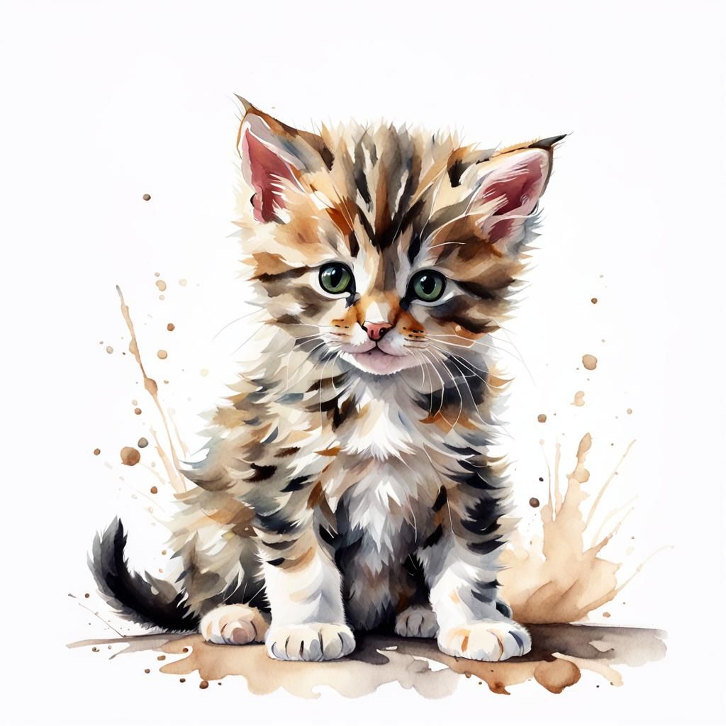 Realistic Watercolor Painting of a Fluffy Kitten