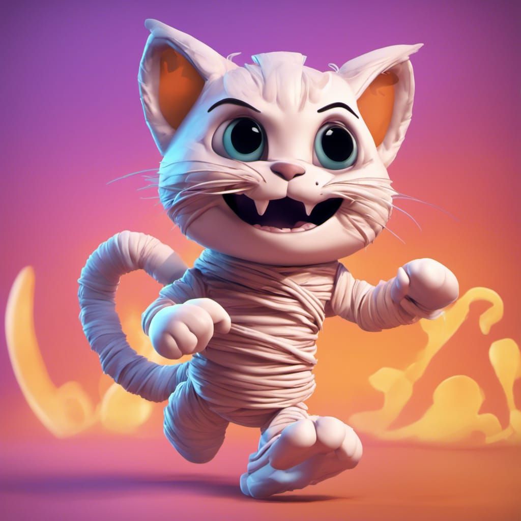 Cute Halloween Mummy Chasing Kitten in 3D Art