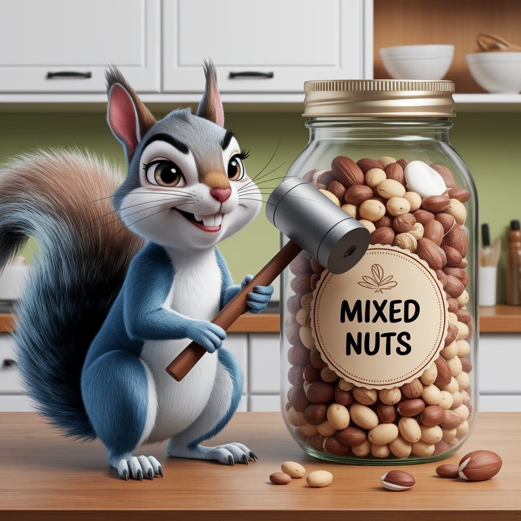 Mischievous Squirrel with Hammer and Jar of Nuts
