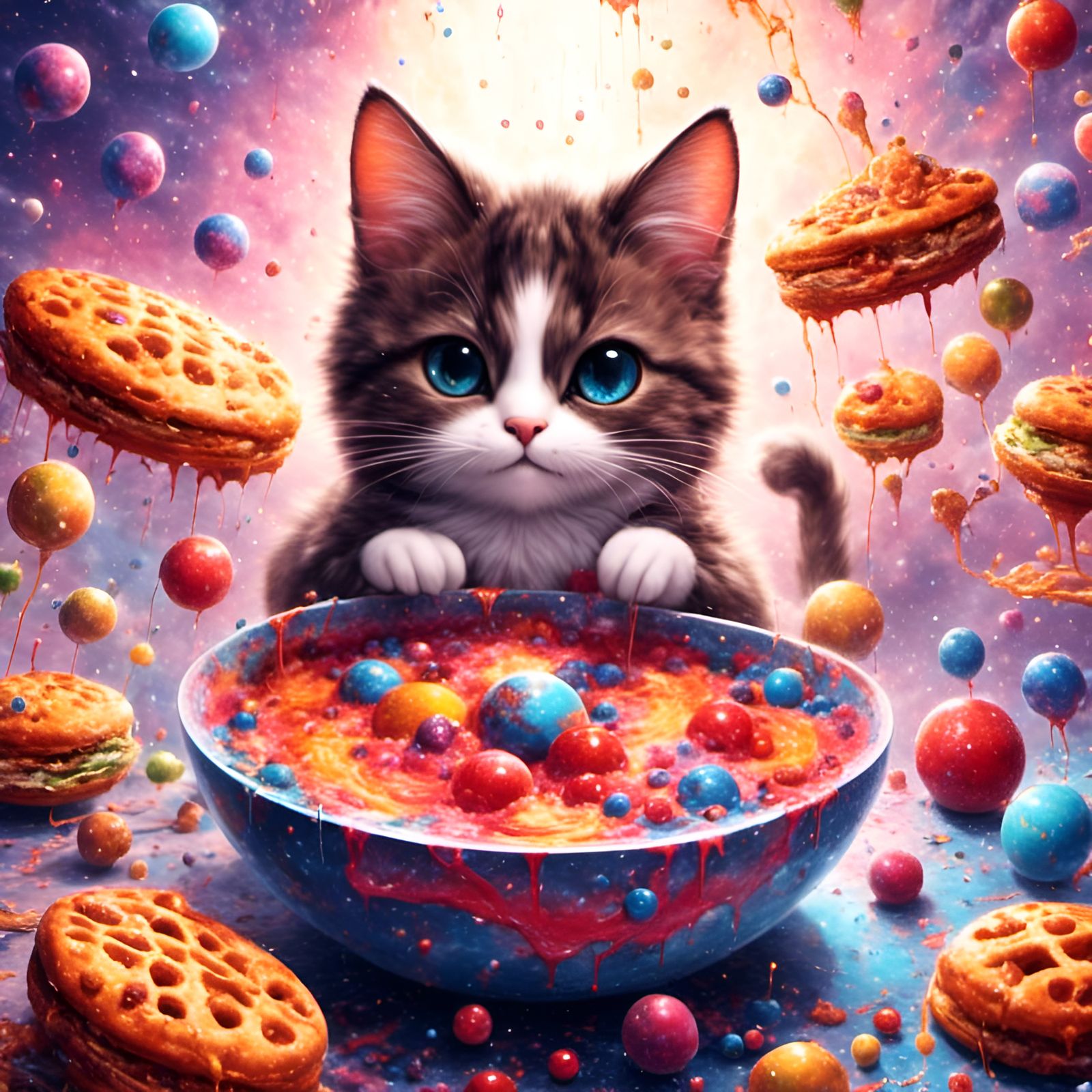 Cartoon Cat with Galaxy Food Bowl Digital Art