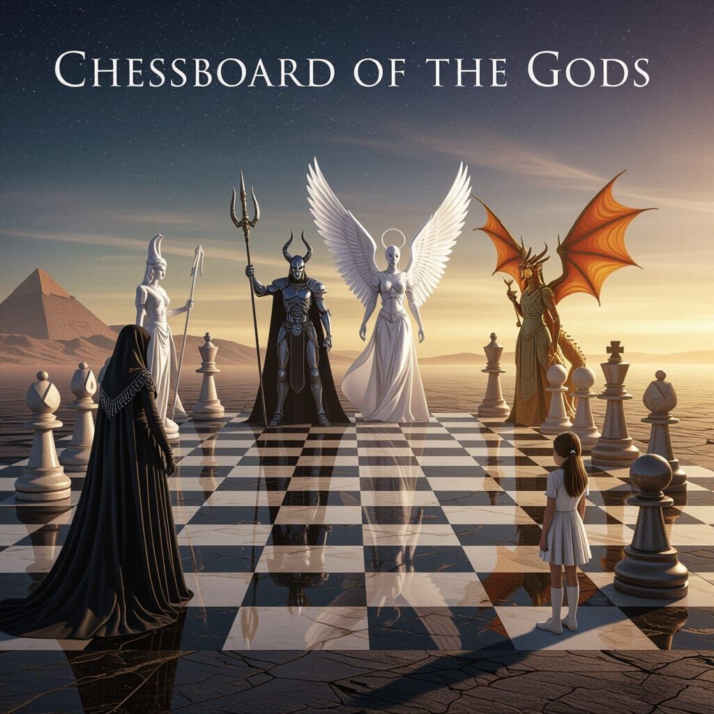 Colossal Chessboard in Endless Void with Mythical Figures