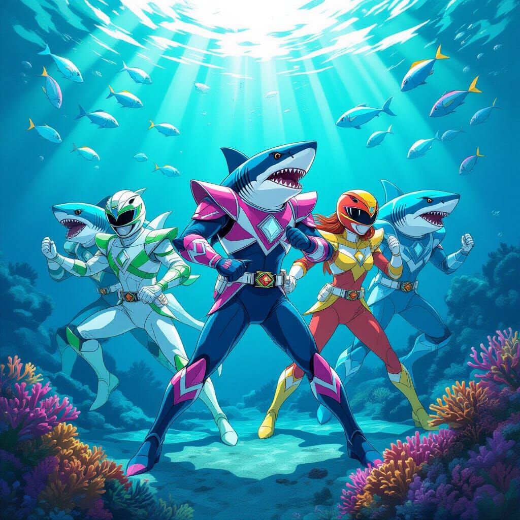 Power Rangers as Sharks on Coral Reef in Heroic Anime Style