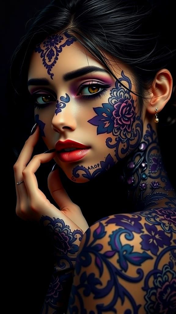 Majestic Woman in Intricate Purple Lace Portrait