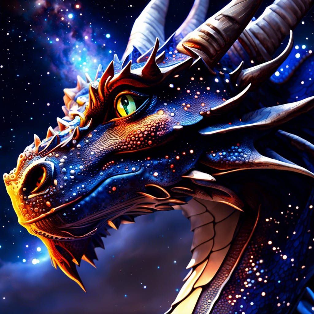 Dragon with Galaxy Eyes in Starry Sky: 3D Render
