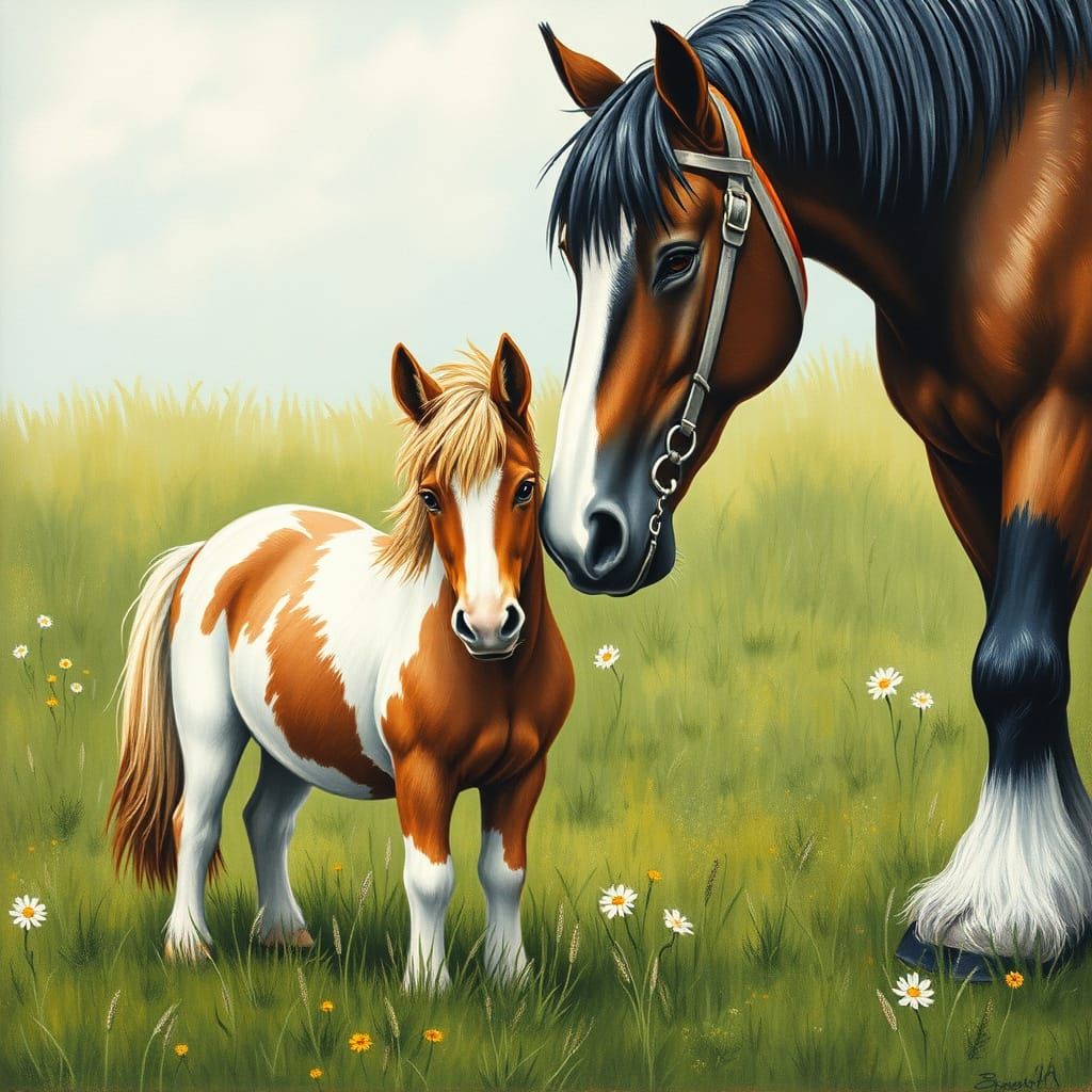 Shetland Pony and Clydesdale Horse in Gouache Style
