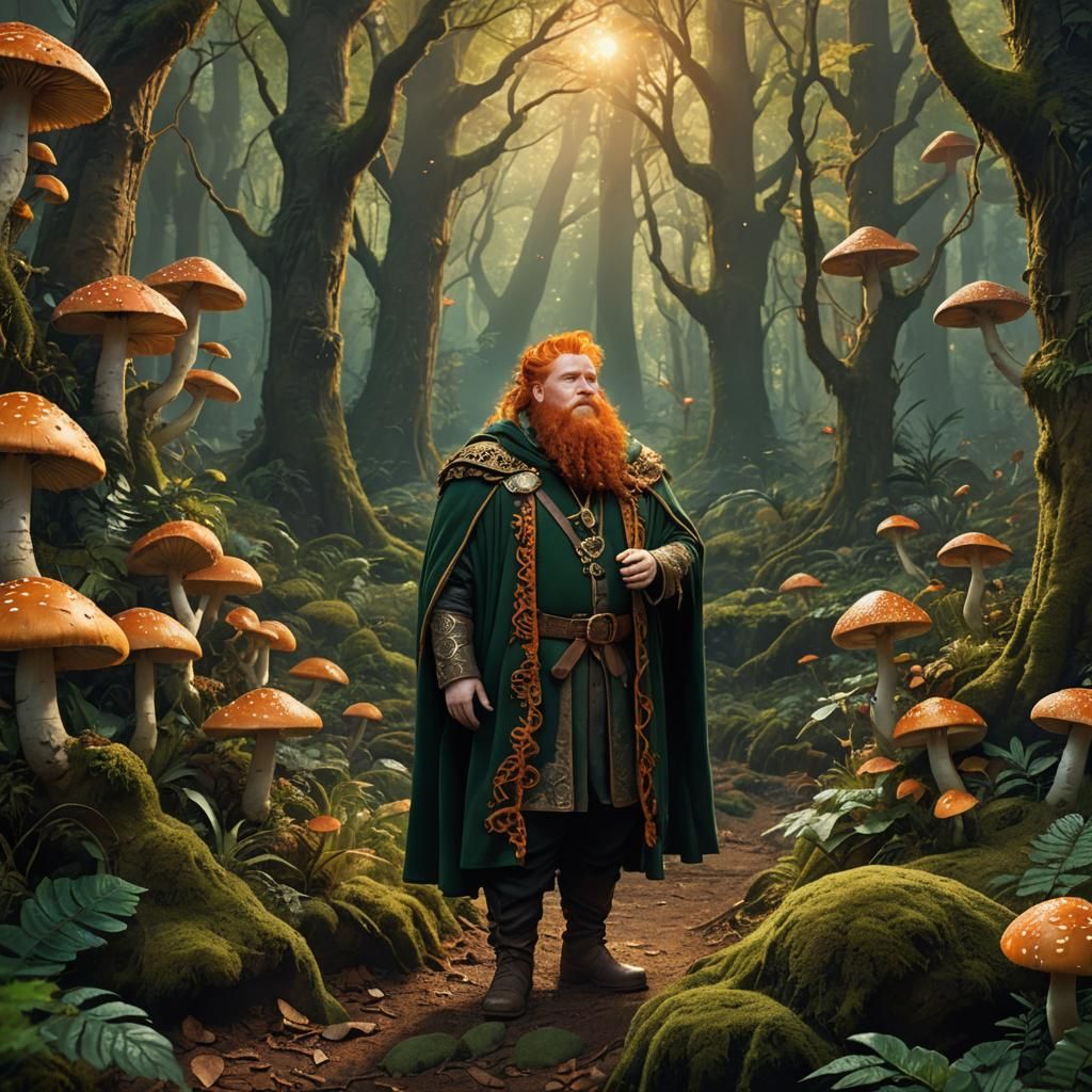 Mystical Forest Warrior, Chubby Ginger Man in Rich Green Clo...