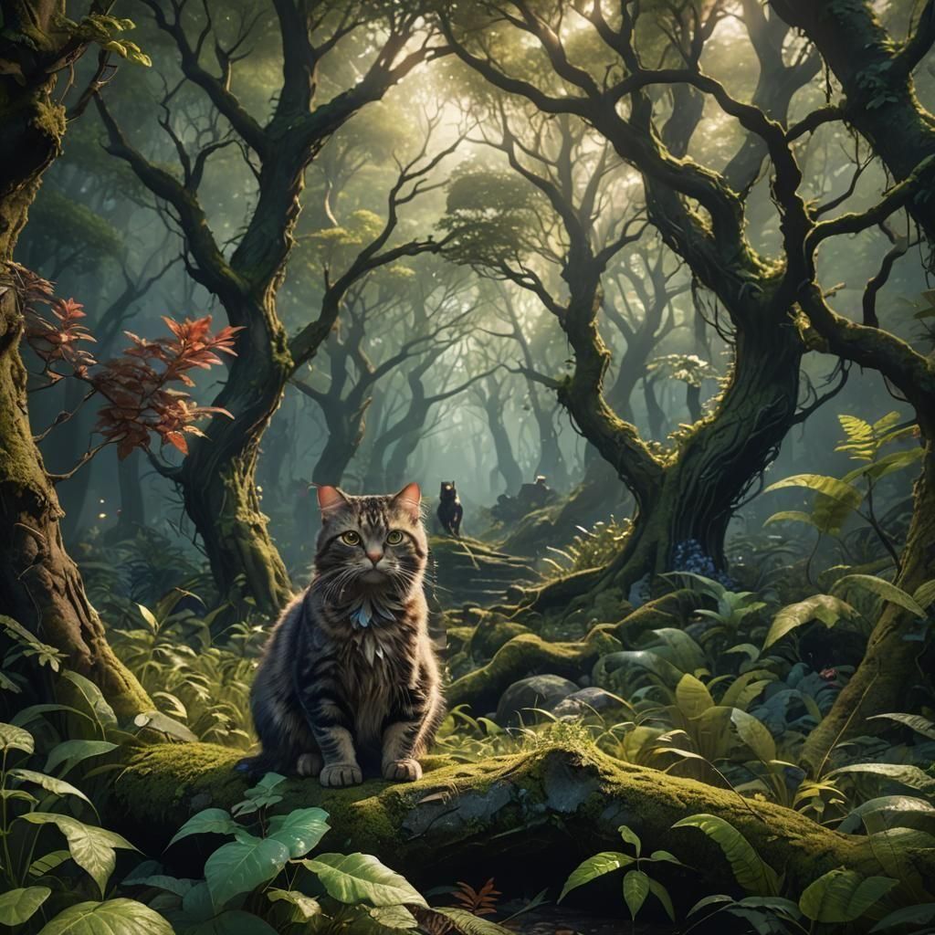 Cat Lost in Magical Forest, Detailed Matte Painting