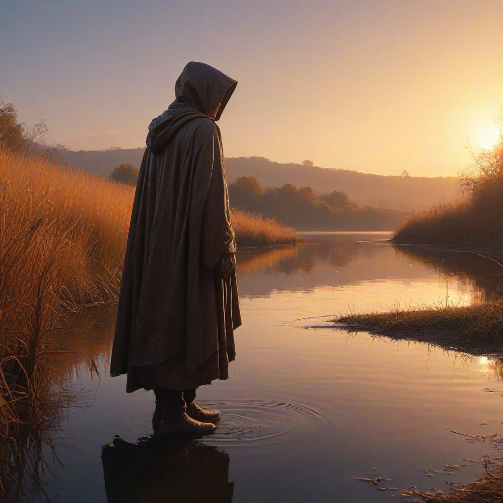 Serene Dawn Figure in Vibrant Hyperrealistic Landscape