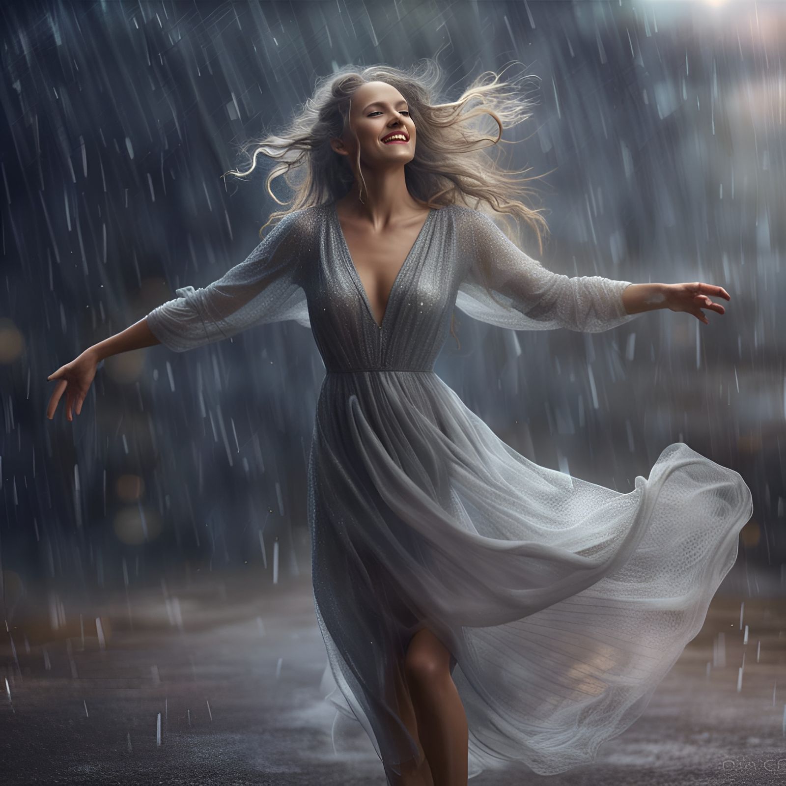Woman Dancing in the Rain in Hyperdetailed Photorealism