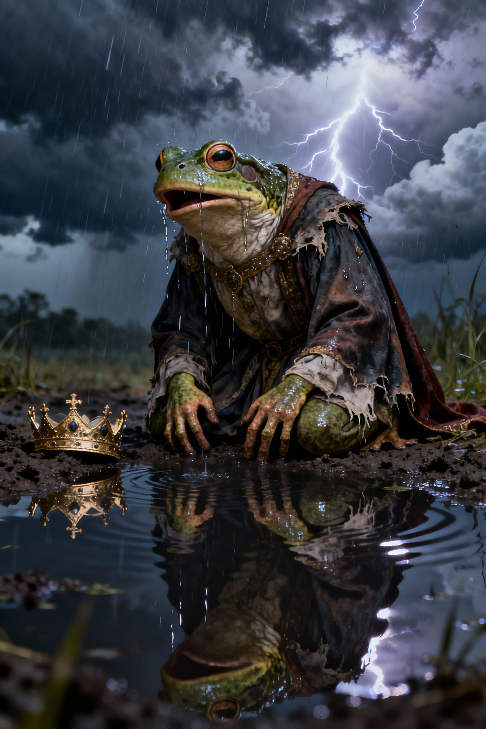 Old Frog Kneels in Despair by Dark Pond