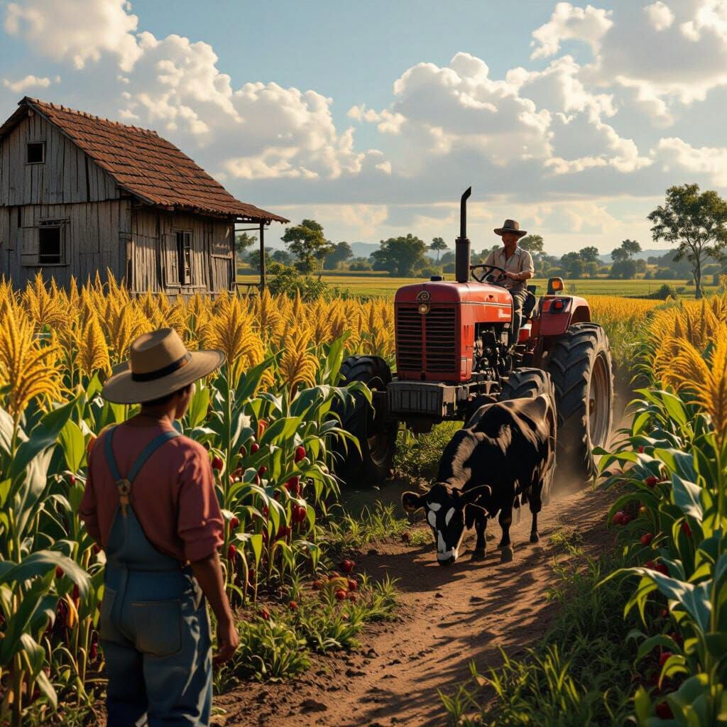 Rural Farm with Tabapoa Bull in Fantasy Art Style