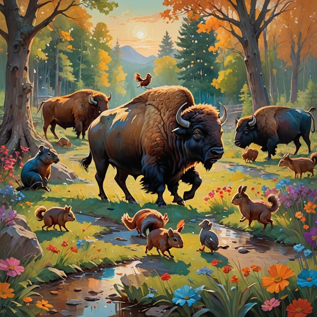 (Buffalo is carrying a squirrel on its back and going for a ...