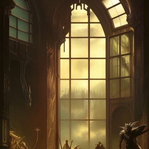 Fantasy Cityscape Viewed Through Window, Hyperrealistic Art